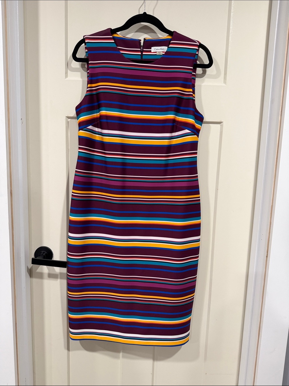 Calvin Klein Multi-Stripe Midi Sheath Dress in Purple and Teal